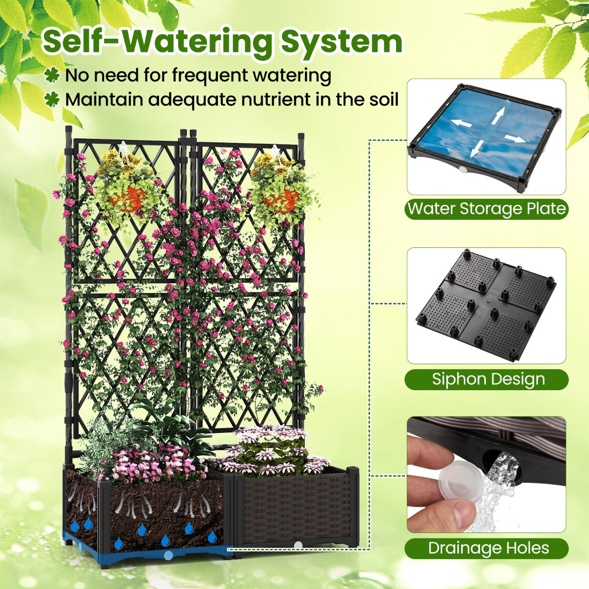 LIVSK Verhoogd Tuinbed met Klimrek - 2-in-1 Plantenbak met Zelfbewateringssysteem - Duurzaam Metaal - 80 x 40 x 126 cm - Zwart