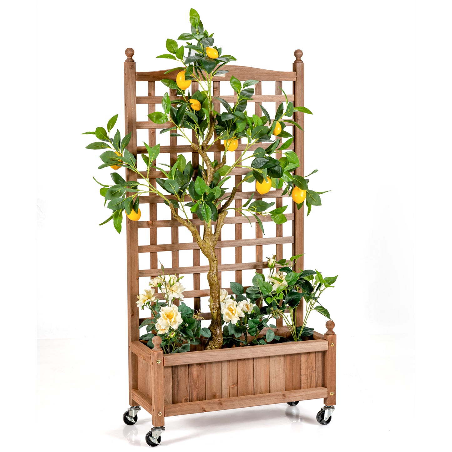 LIVSK Plantenbak met Klimsteun op Wielen - Diepe Plantenbak met Afwateringsgat - Voor Binnen en Buiten - 64 x 28 x 127 cm - Bruin
