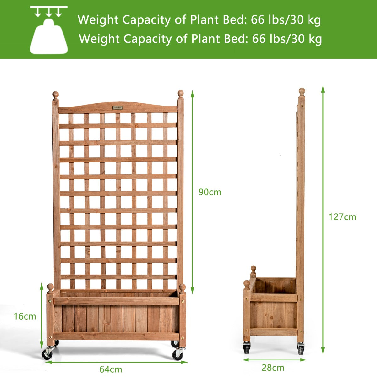 LIVSK Plantenbak met Klimsteun op Wielen - Diepe Plantenbak met Afwateringsgat - Voor Binnen en Buiten - 64 x 28 x 127 cm - Bruin