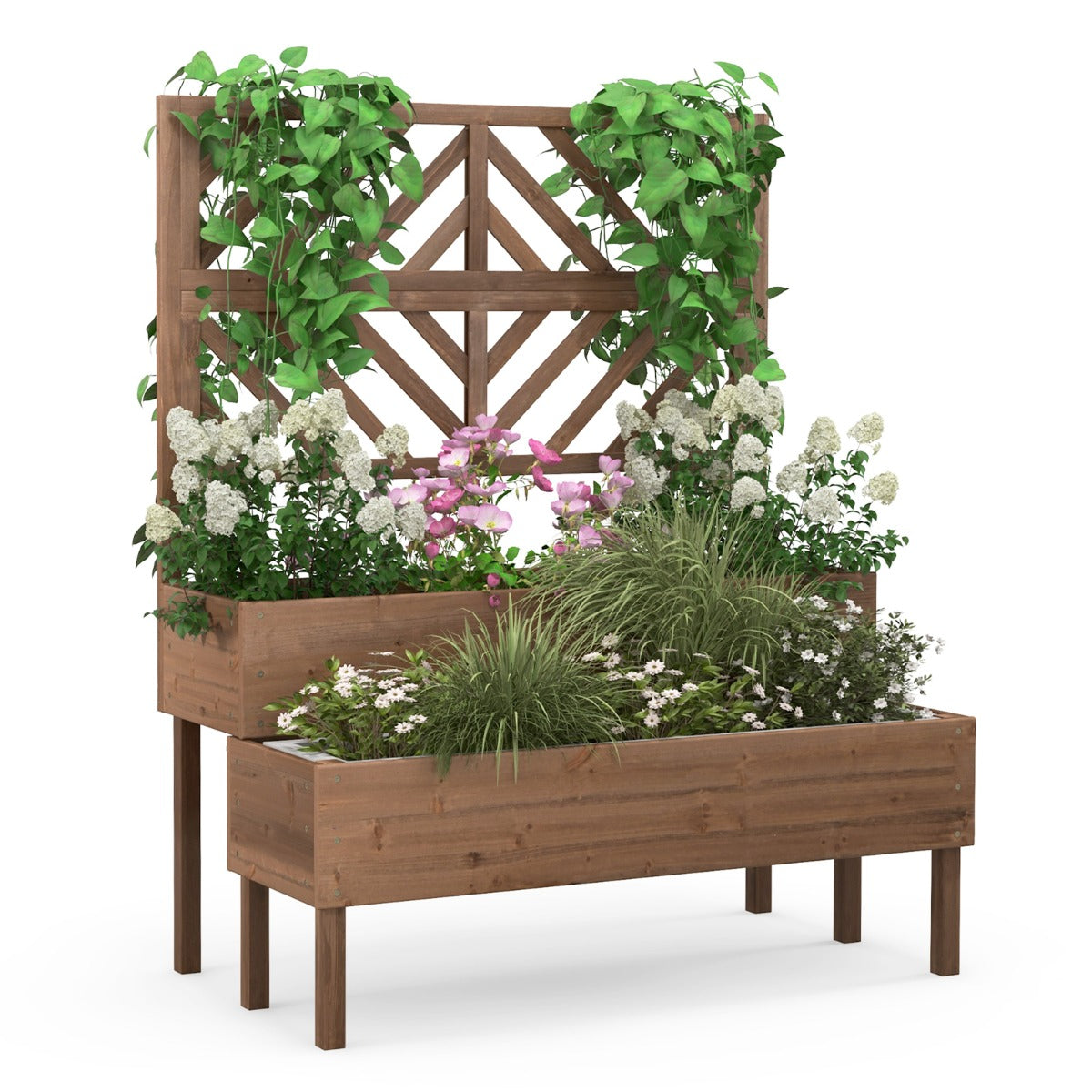 LIVSK 2-in-1 Verhoogde Plantenbak van Dennenhout - Met Klimplantenlatwerk - Waterafvoer - Ergonomische Hoogte - 109 x 62 x 135 cm