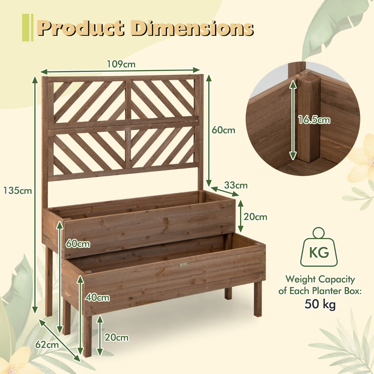 LIVSK 2-in-1 Verhoogde Plantenbak van Dennenhout - Met Klimplantenlatwerk - Waterafvoer - Ergonomische Hoogte - 109 x 62 x 135 cm