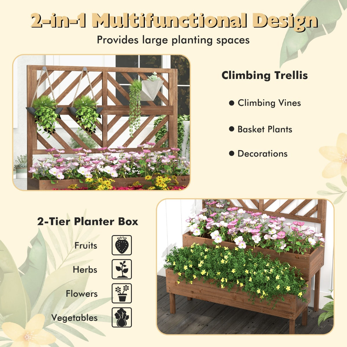 LIVSK 2-in-1 Verhoogde Plantenbak van Dennenhout - Met Klimplantenlatwerk - Waterafvoer - Ergonomische Hoogte - 109 x 62 x 135 cm