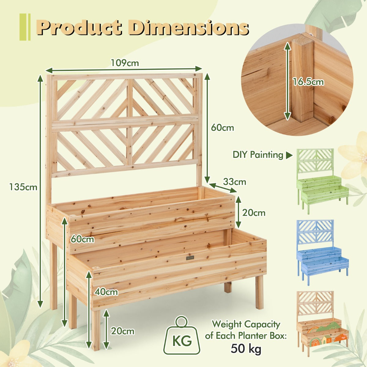 LIVSK 2-in-1 Verhoogde Plantenbak - Met Latwerk en Waterafvoer - Ergonomische Hoogte - 109 x 62 x 135 cm - Natuur