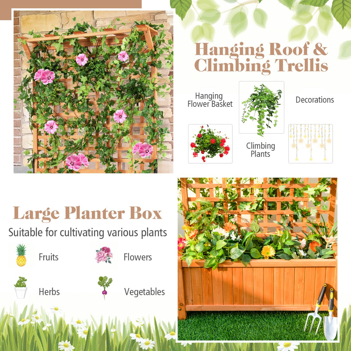 LIVSK Verhoogd Tuinbed met Klimrek en Dak - Weerbestendig Vurenhout - Optimale Waterafvoer - 90 x 44,5 x 182,5 cm - Natuurlijk
