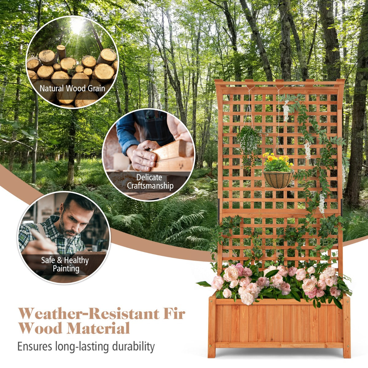 LIVSK Verhoogd Tuinbed met Klimrek en Dak - Weerbestendig Vurenhout - Optimale Waterafvoer - 90 x 44,5 x 182,5 cm - Natuurlijk