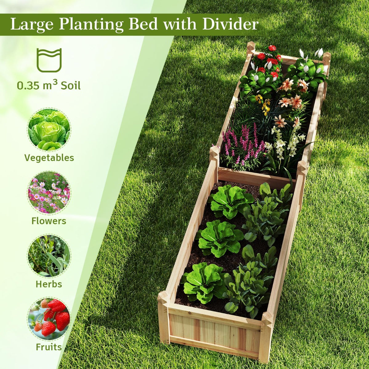 LIVSK Houten Plantenbak met Scheidingswand - Duurzaam Dennehout - Intelligent Drainagesysteem - Ruime Afmetingen 227 x 59,5 x 40