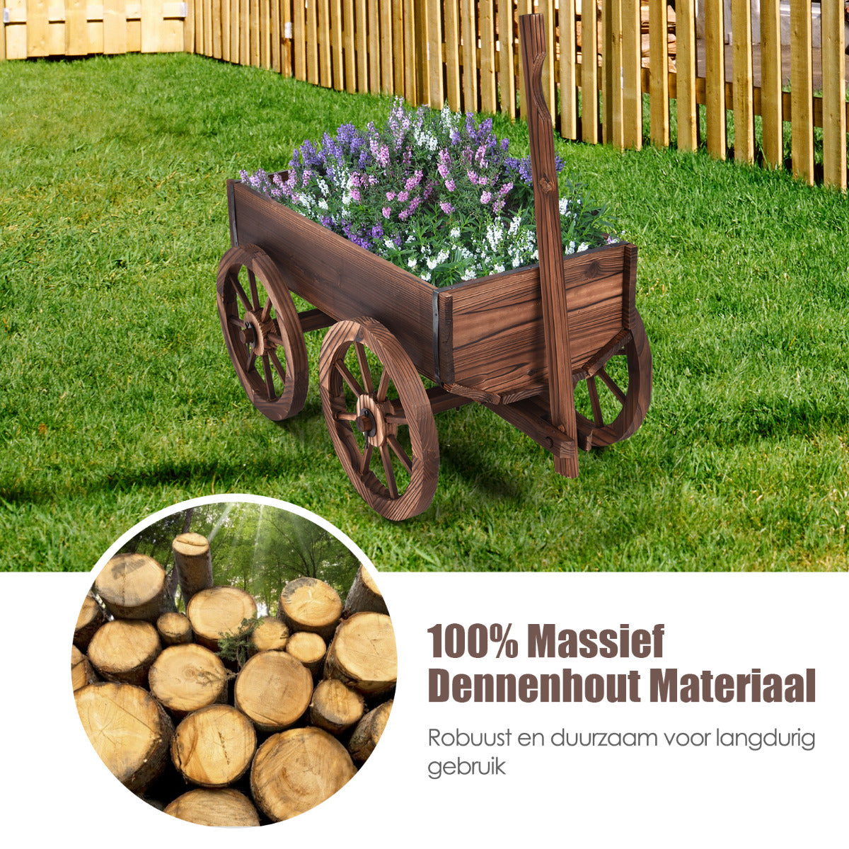 LIVSK Houten Plantenbak Kar - Massief Sparrenhout - Ruime Opslag - 4 Wielen - Gemakkelijk te Verplaatsen - 120 x 43 x 53,5 cm -