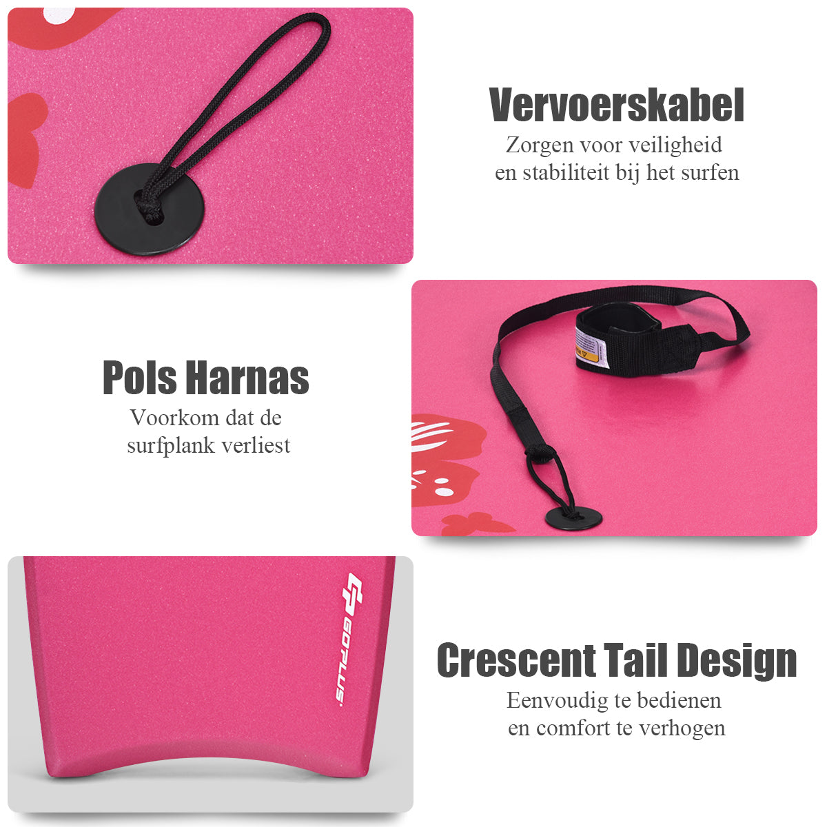 LIVSK Lichtgewicht Bodyboard - Halvemaanvormige Staart - EPS-kern - Safety Leash - Tot 95 kg - 106 x 51 x 6 cm - Roze