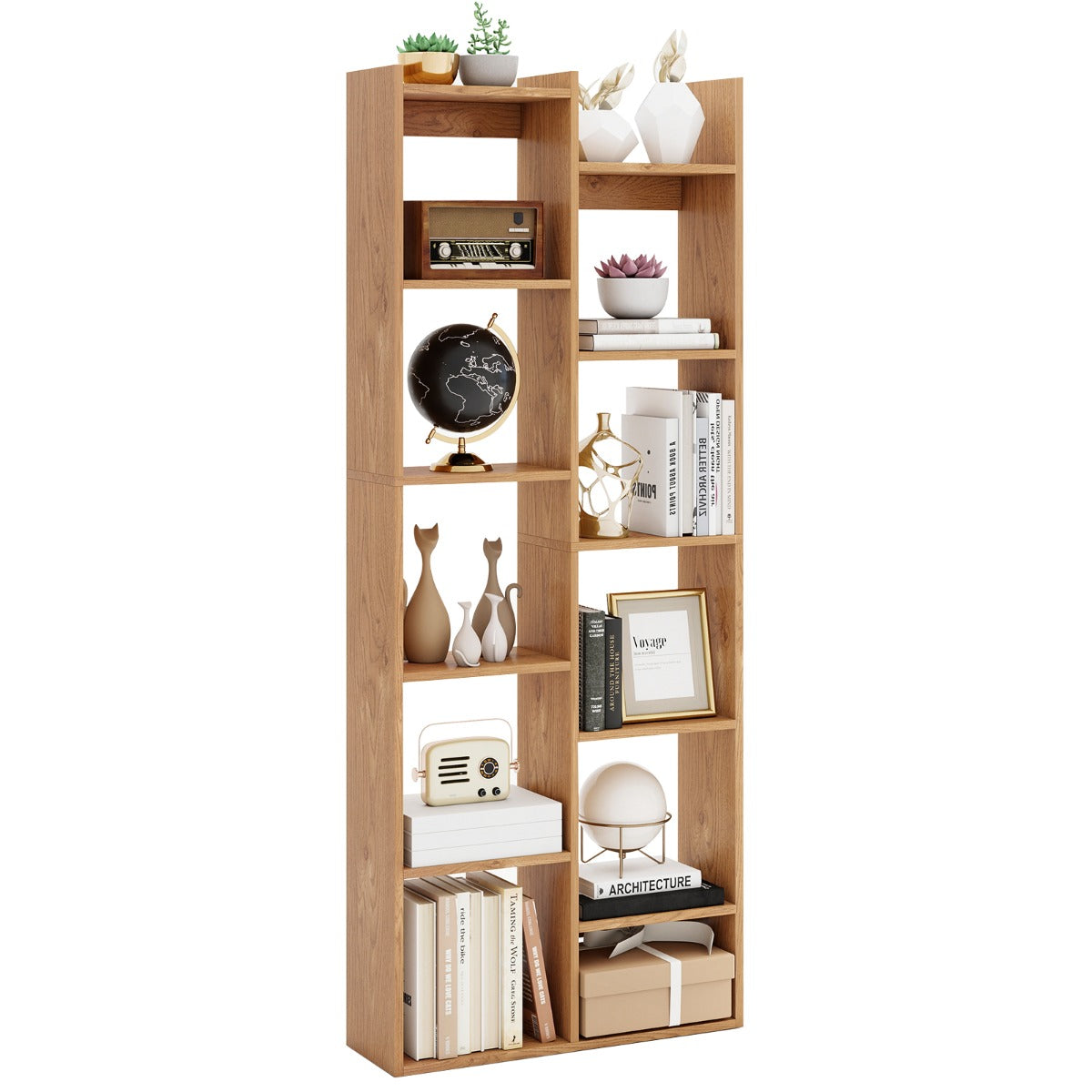 LIVSK Boekenkast 12-Niveaus - Stevig Houten Frame met Anti-Kantelsets - Modern Boomvormig Ontwerp - 65 x 20 x 162 cm - Naturel/Wit