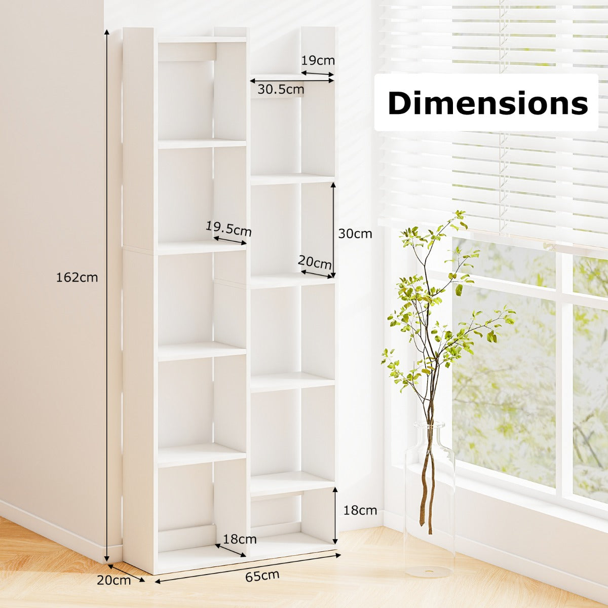 LIVSK Boekenkast 12-Niveaus - Houten Frame met Anti-Kantelsets - Boomvormig Ontwerp - Tot 141 kg - 65 x 20 x 162 cm - Naturel/Wit