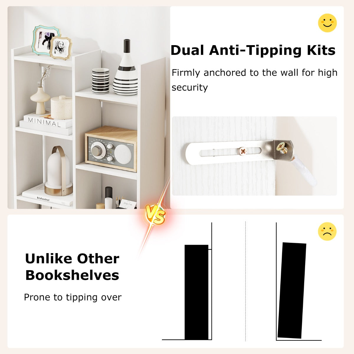 LIVSK Boekenkast 12-Niveaus - Houten Frame met Anti-Kantelsets - Boomvormig Ontwerp - Tot 141 kg - 65 x 20 x 162 cm - Naturel/Wit