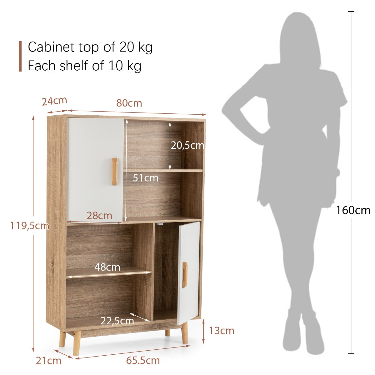 LIVSK Houten Boekenkast - 4 Open Planken en 2 Deuren - Multifunctioneel en Veilig - Eenvoudig te Monteren - 80 x 24 x 120 cm - Wit
