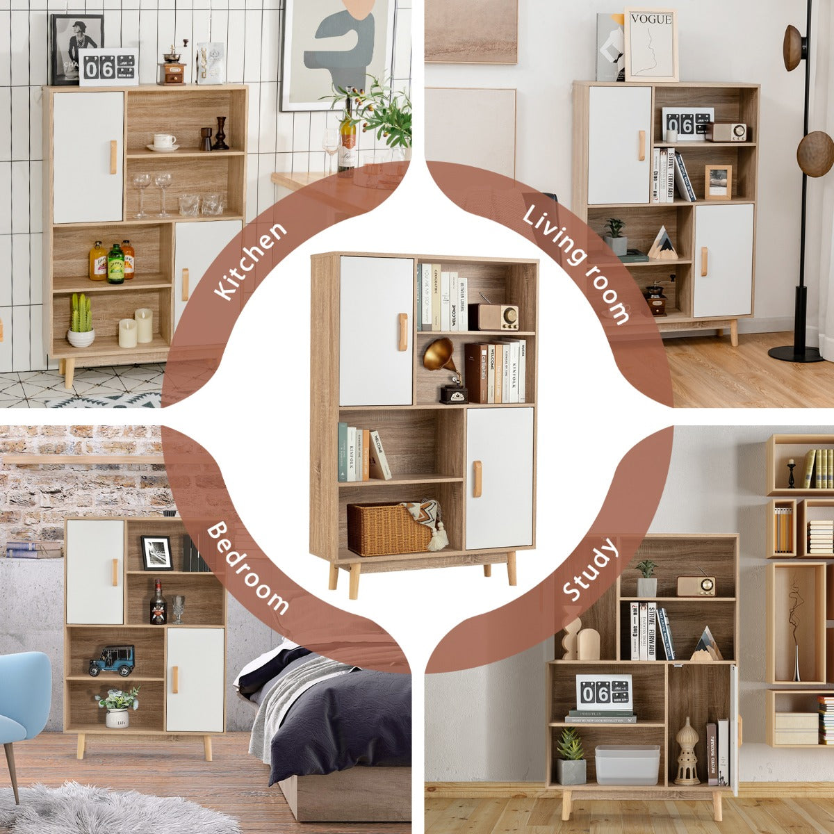 LIVSK Houten Boekenkast - 4 Open Planken en 2 Deuren - Multifunctioneel en Veilig - Eenvoudig te Monteren - 80 x 24 x 120 cm - Wit