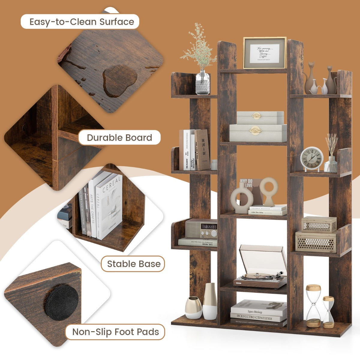 LIVSK Boomvormige Boekenkast - 13 Open Planken - Stabiele Kantelbeveiliging - Ruimteverdeler voor Woonkamer of Kantoor - Rustiek