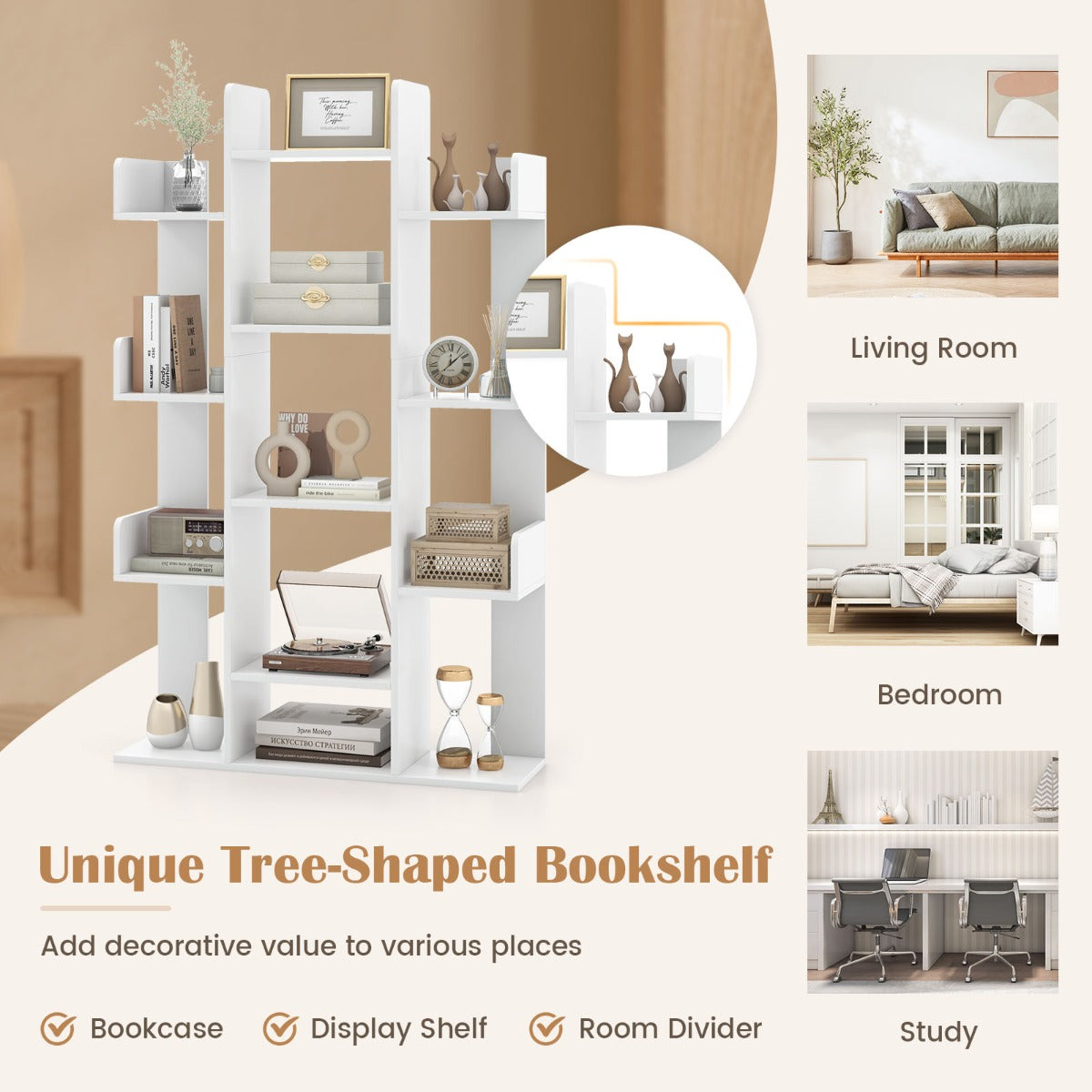 Livsk costway boekenkast in boomvorm rek met 13 open vakken staand rek opbergrek voor woonkamer of kantoor wit 86 x 245 x 141 cm 6