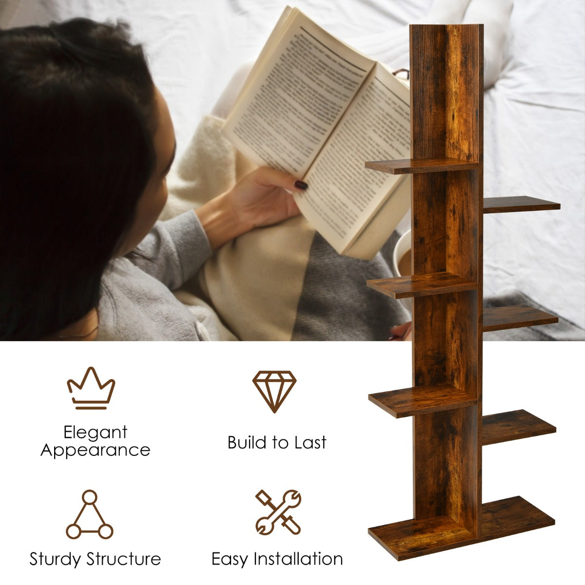 LIVSK Boekenrek - 7 Lagen - Hoogwaardig MDF - Temperatuurbestendig en Waterdicht - Ruimtebesparend - 50 x 20 x 141 cm - Bruin