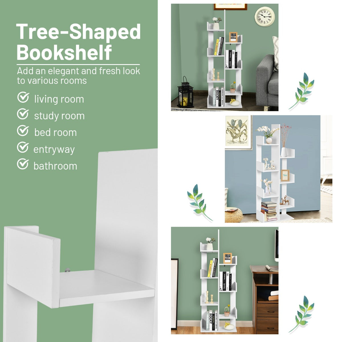 LIVSK Boomvormige Boekenkast - 8 Vakken - Duurzaam en Veilig - 50 x 25 x 145 cm - Wit