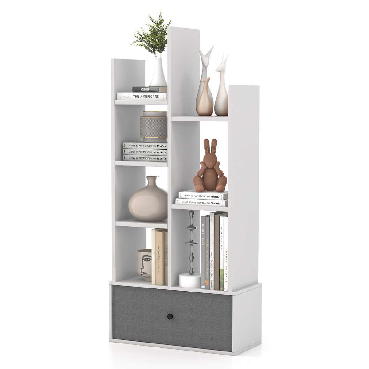 LIVSK Boekenrek met 7 Niveaus en Opberglade - Stabiele Constructie - Vintage Design - 53 x 24 x 118 cm - Wit