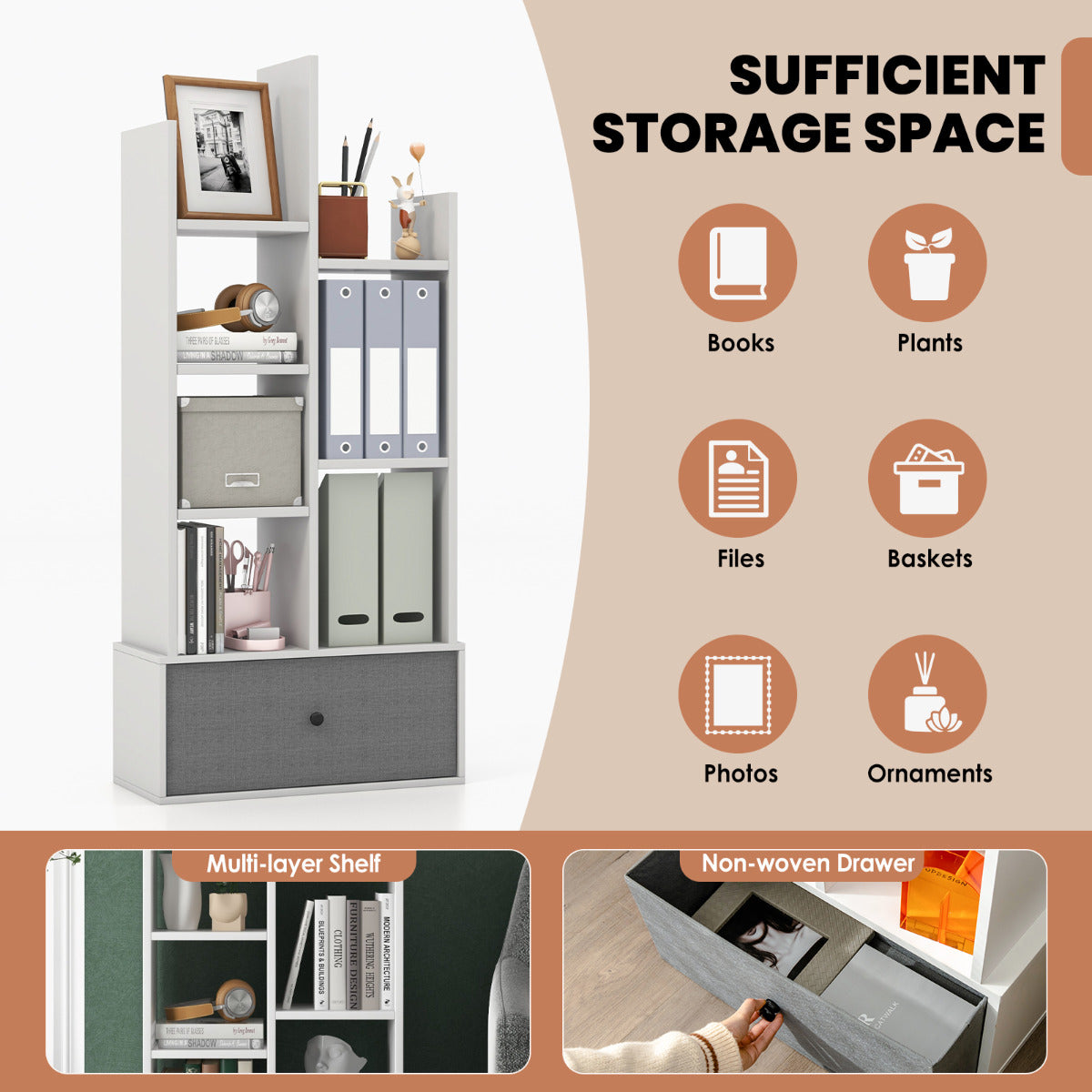 LIVSK Boekenrek met 7 Niveaus en Opberglade - Stabiele Constructie - Vintage Design - 53 x 24 x 118 cm - Wit