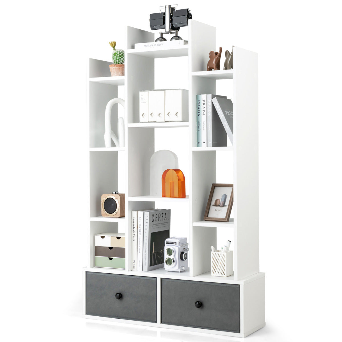 LIVSK Boekenkast Staand - 12 Planken, 2 Laden - Hoogwaardig Hout - Kantelbeveiliging - Totale Afmetingen 80 x 24 x 132 cm - Wit