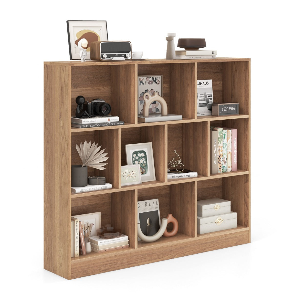 Livsk costway boekenkast met 10 vakken vrijstaande opbergmeubel met drie niveaus houten planken van 120 cm lang naturel