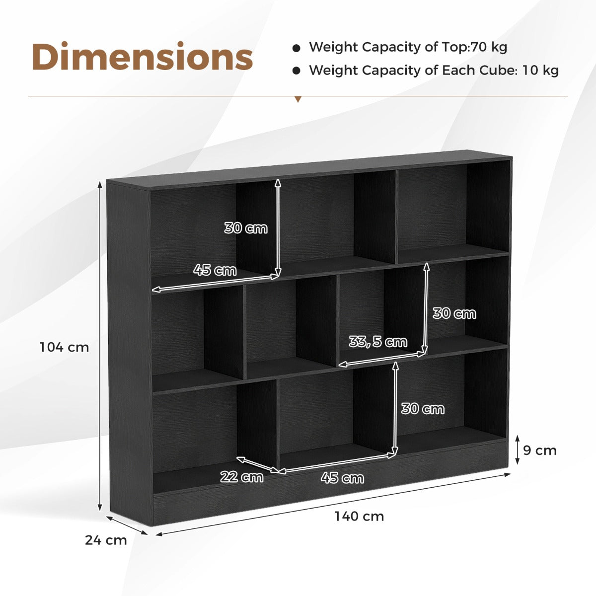Livsk costway boekenkast met 10 vakken vrijstaande opbergmeubel met drie niveaus kantelbeveiligingsset houten displayplank van 140 cm 2