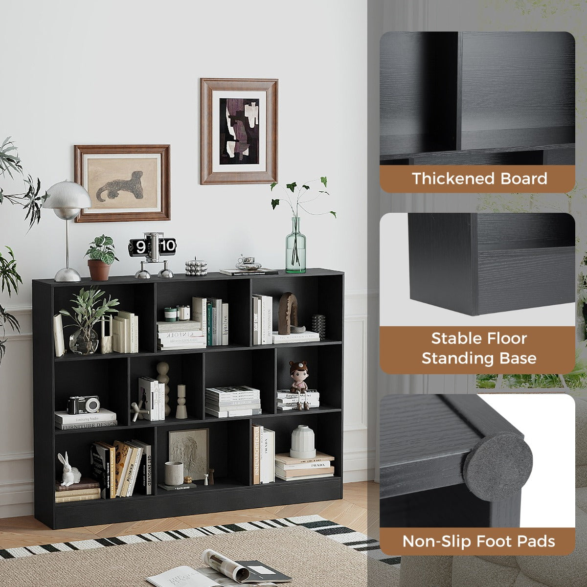 Livsk costway boekenkast met 10 vakken vrijstaande opbergmeubel met drie niveaus kantelbeveiligingsset houten displayplank van 140 cm 5