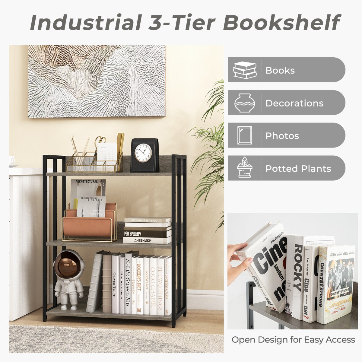 LIVSK Industriële Boekenplank met Verstelbare Planken - Sterk Metalen Frame - 3 Niveaus - Tot 110 kg - Grijs en Zwart