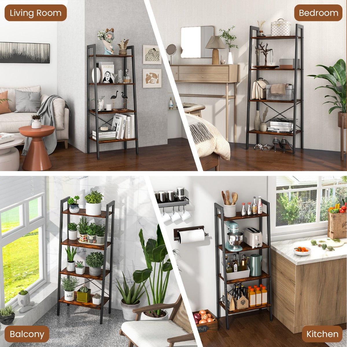 LIVSK Boekenkast met 4 Niveaus - Industrieel Design - Metalen Frame - Verstelbare Voetkussens - Draagvermogen 90 kg - Rustiek