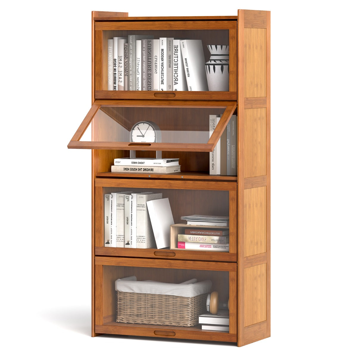 LIVSK Bamboe Boekenkast - 4 Verdieningen - Klapdeuren - Kantelbeveiliging - Tot 30 kg per etage - 69 x 34 x 140 cm - Bruin/Natuur