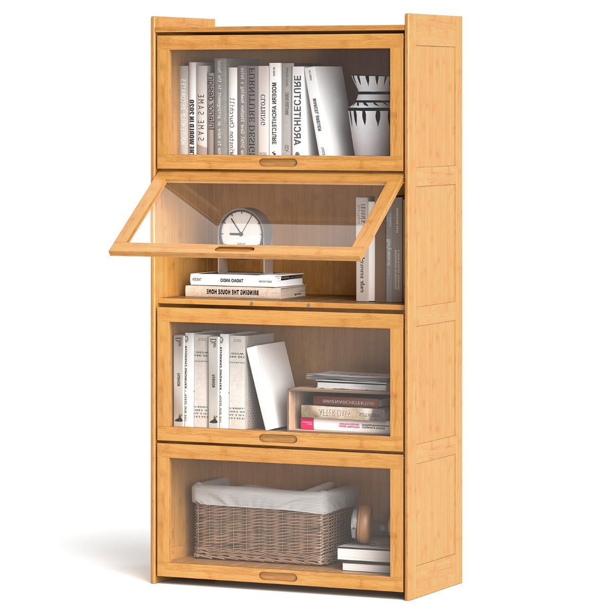 LIVSK Bamboe Boekenkast - 4 Verdiepingen - Stevige Constructie - Praktische Klapdeuren - Tot 30 kg per Niveau - Bruin/Natuur