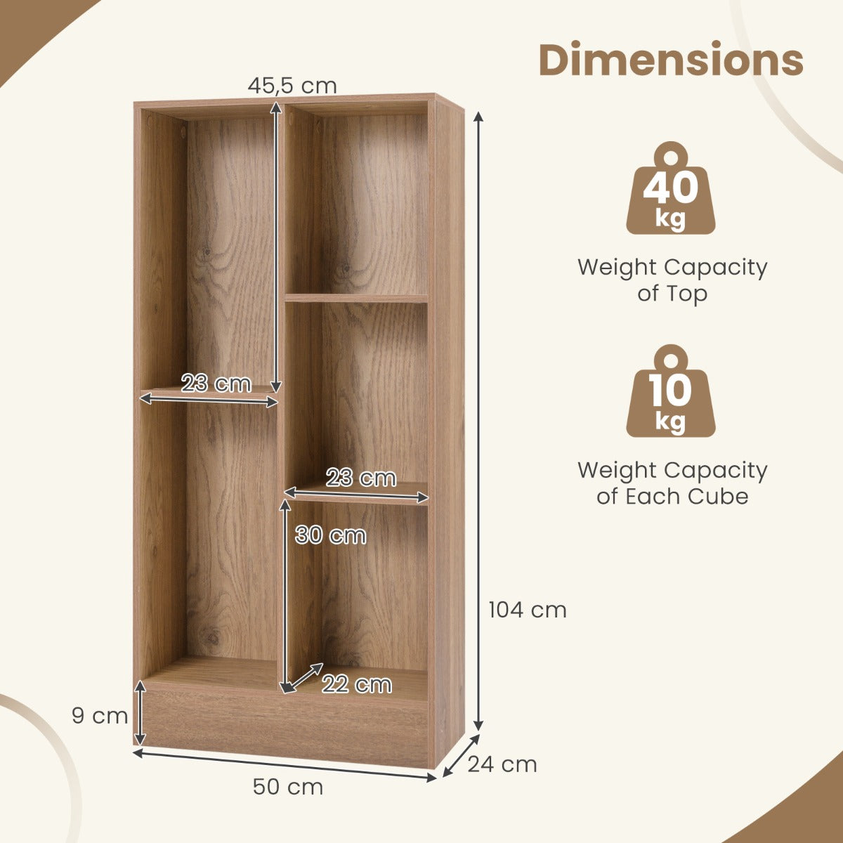 LIVSK Boekenrek met 5 Open Vakken - Duurzaam Hout en MDF - Totale Draagvermogen 90 kg - Veilig met Kantelbeveiliging - Natuurlijk