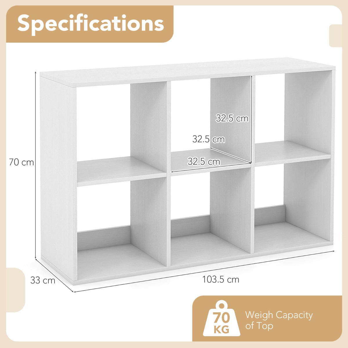 LIVSK Boekenkast met 6 Vakken - Vrijstaand en Duurzaam - Kantelbeveiliging en Antislip Voetjes - 103,5 x 33 x 70 cm - Wit