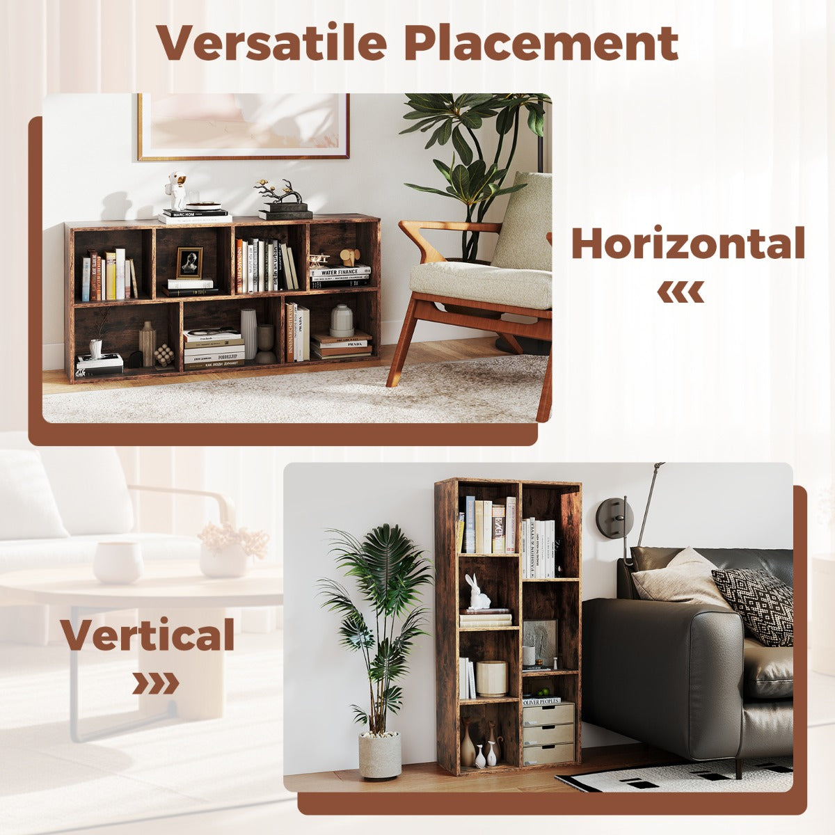Livsk costway boekenkast met 7 vakken verticale rekkenkast geschikt voor horizontale of verticale plaatsing houten kubusrekken bruin 3