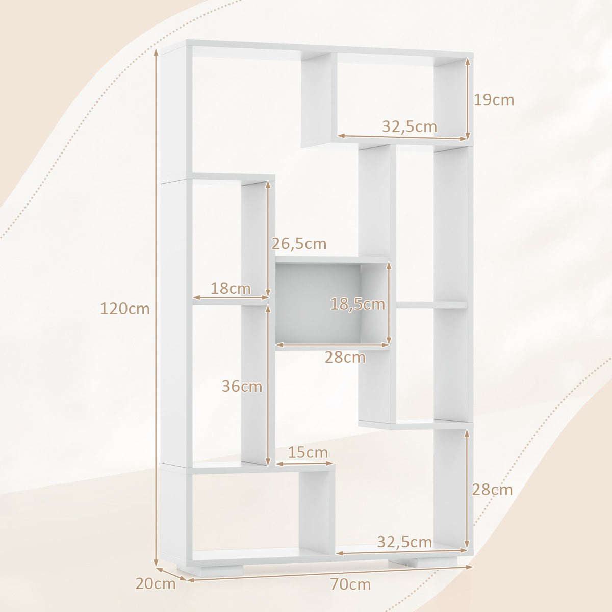 LIVSK Boekenkast met 11 Open Planken - Stevige Constructie met Anti-Kantelsets - Eenvoudige Montage - 20 x 70 x 120 cm - Wit