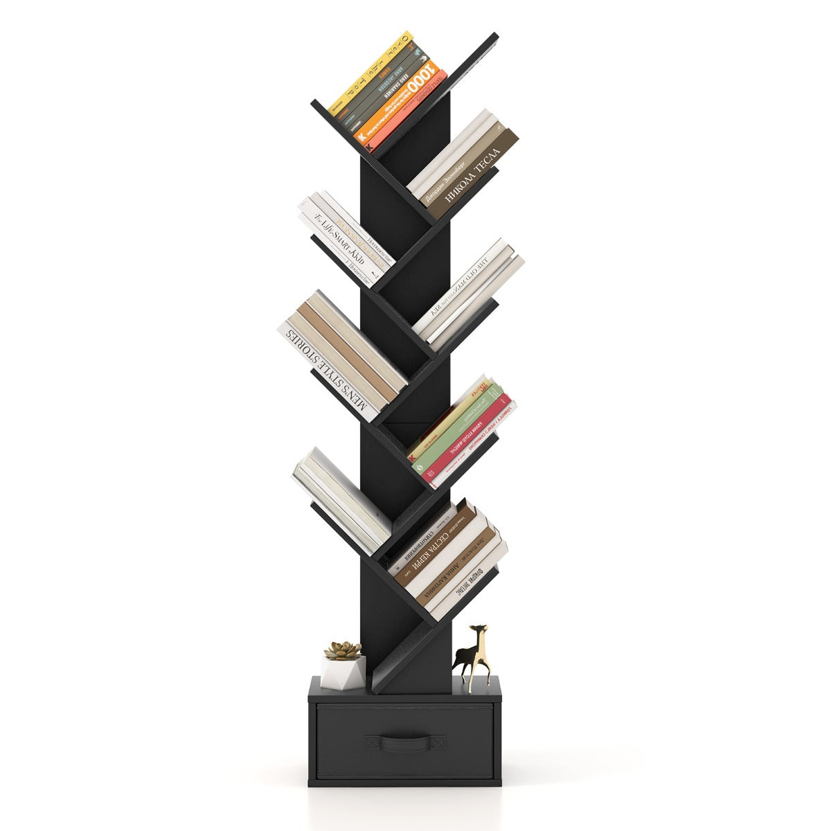 LIVSK Boom Boekenplank - 10 Open Planken & Stoffen Lade - Stevige Constructie met Anti-Kantel Kit - 38 x 21,5 x 149,5 cm - Zwart