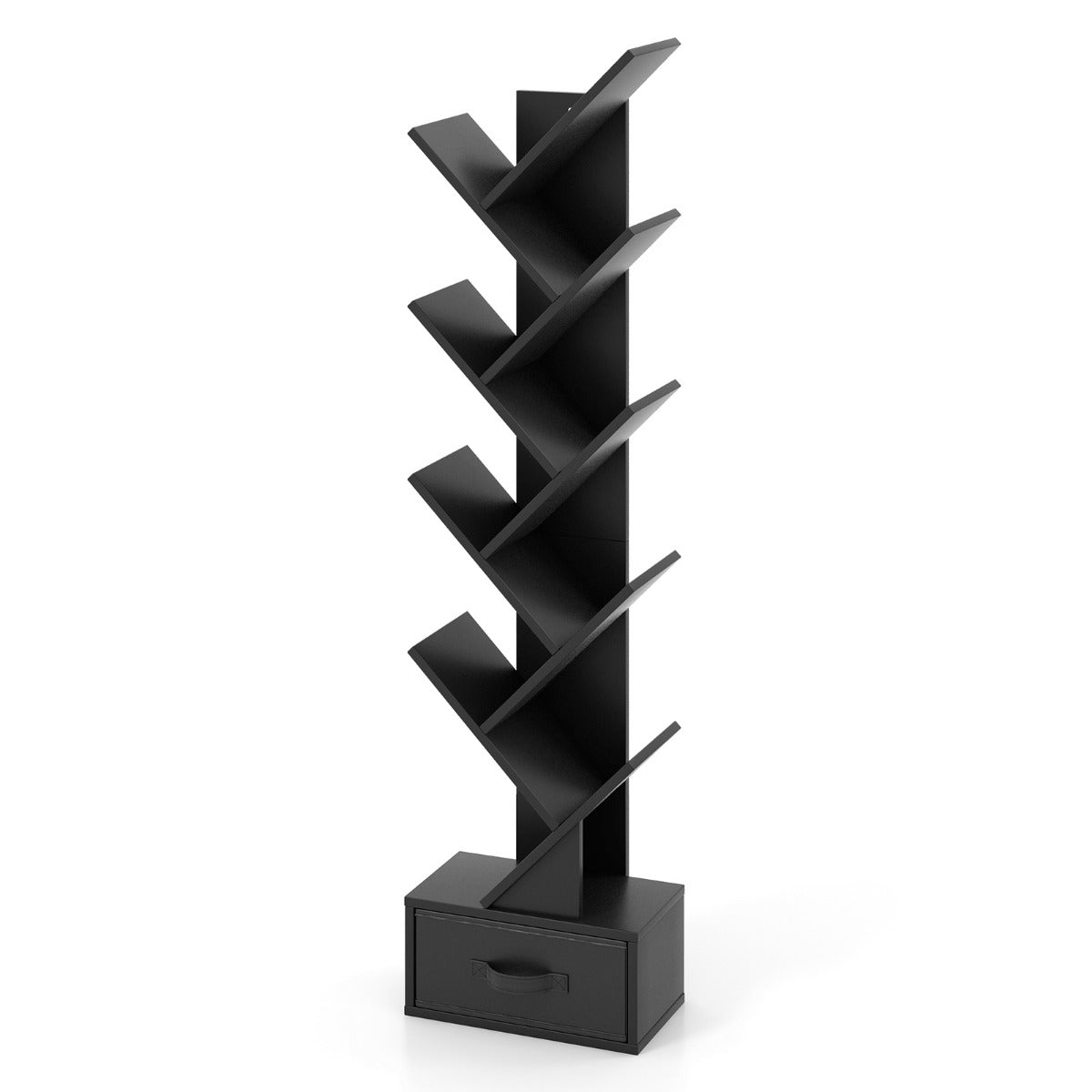 LIVSK Boom Boekenplank - 10 Open Planken & Stoffen Lade - Stevige Constructie met Anti-Kantel Kit - 38 x 21,5 x 149,5 cm - Zwart