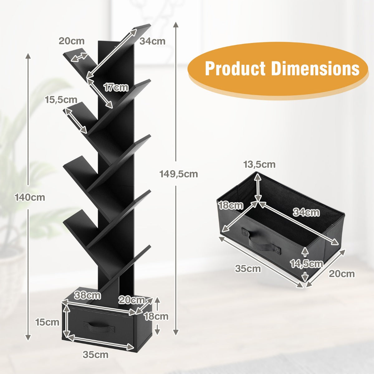 LIVSK Boom Boekenplank - 10 Open Planken & Stoffen Lade - Stevige Constructie met Anti-Kantel Kit - 38 x 21,5 x 149,5 cm - Zwart
