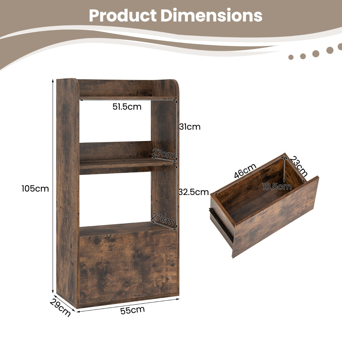 LIVSK Boekenkast met Lade - 3 Open Planken - Robuuste Constructie - Veilig met Anti-Kantelkits - 55 x 29 x 105 cm - Rustiek wit /