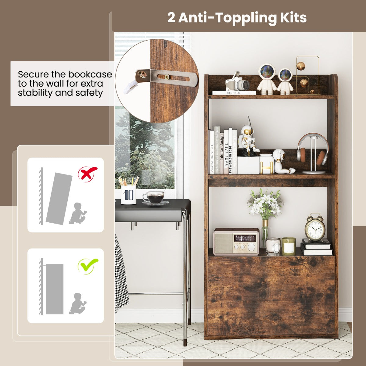 LIVSK Boekenkast met Lade - 3 Open Planken - Robuuste Constructie - Veilig met Anti-Kantelkits - 55 x 29 x 105 cm - Rustiek wit /