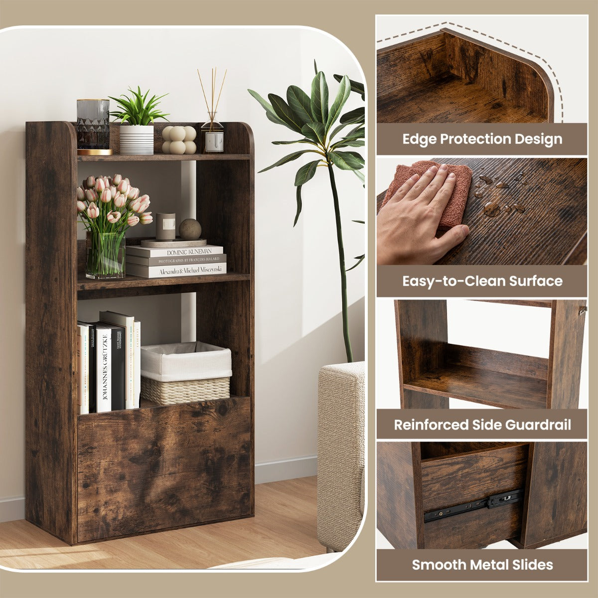 LIVSK Boekenkast met Lade - 3 Open Planken - Robuuste Constructie - Veilig met Anti-Kantelkits - 55 x 29 x 105 cm - Rustiek wit /