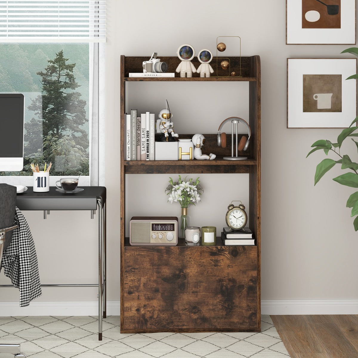 LIVSK Boekenkast met Lade - 3 Open Planken - Robuuste Constructie - Veilig met Anti-Kantelkits - 55 x 29 x 105 cm - Rustiek wit /