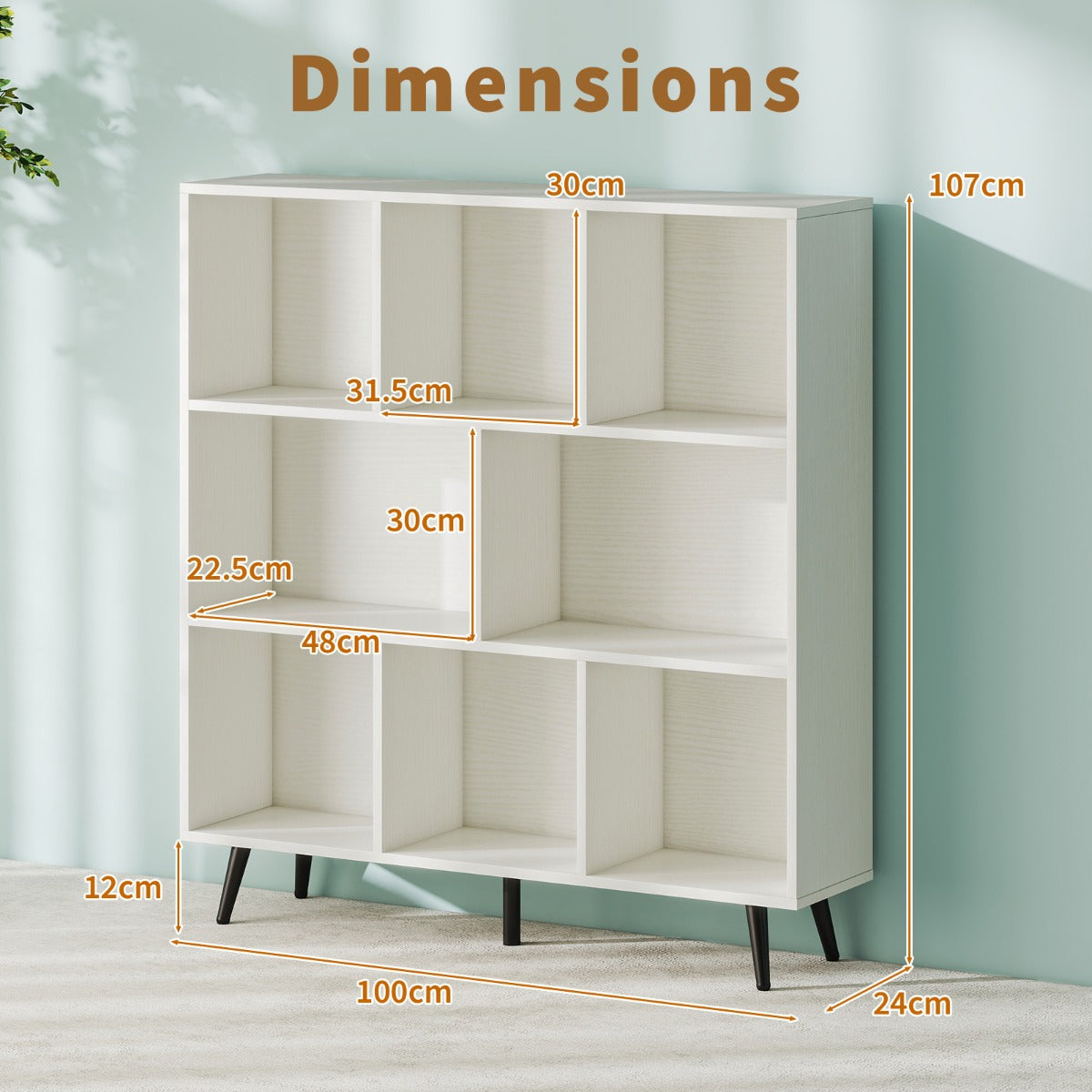 LIVSK Boekenplank met 7 Vakken - Vrijstaand met Metalen Poten - Inclusief Anti-Kantelsets - 100 x 24 x 107 cm - Wit + Zwart
