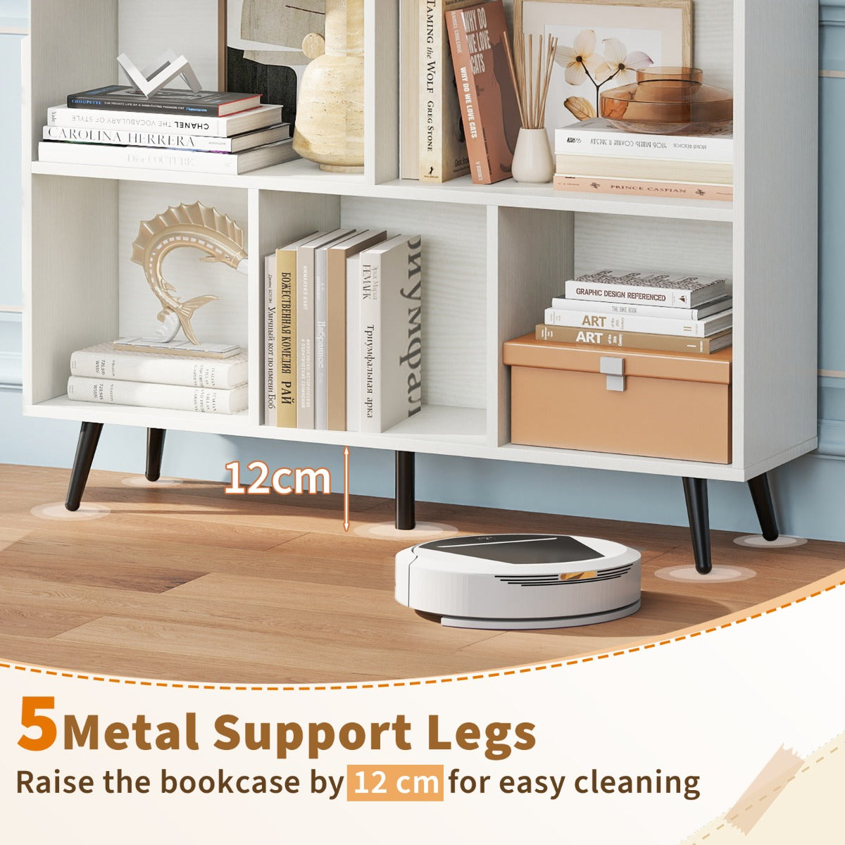 LIVSK Boekenplank met 7 Vakken - Vrijstaand met Metalen Poten - Inclusief Anti-Kantelsets - 100 x 24 x 107 cm - Wit + Zwart