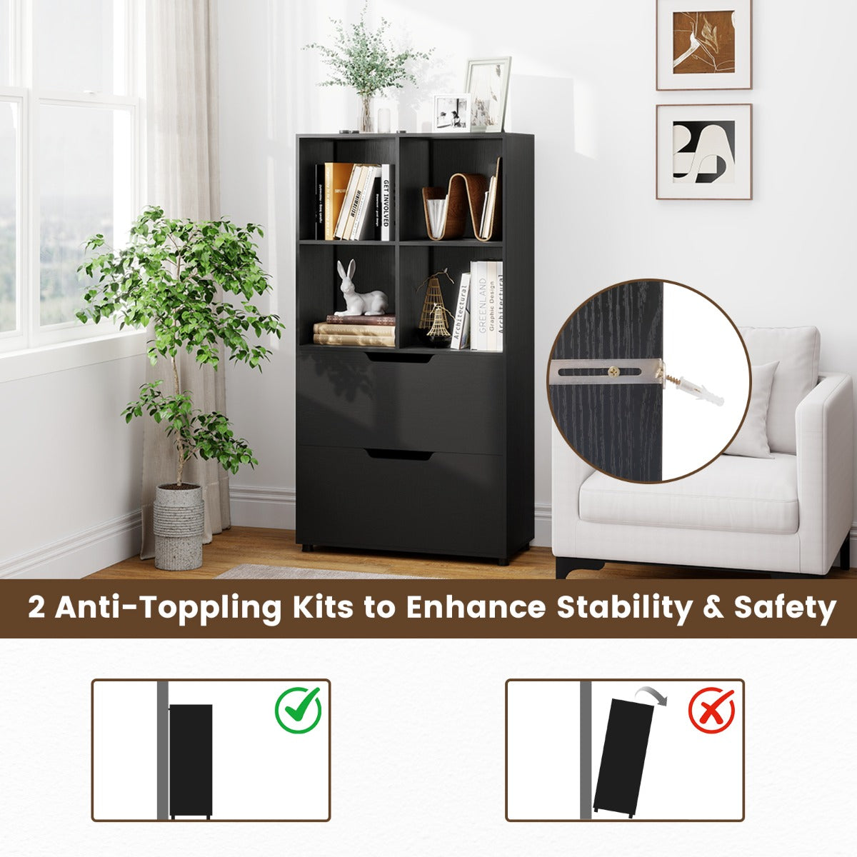 Livsk costway boekenkast met vier open planken twee grote laden en kantelbeveiliging 4