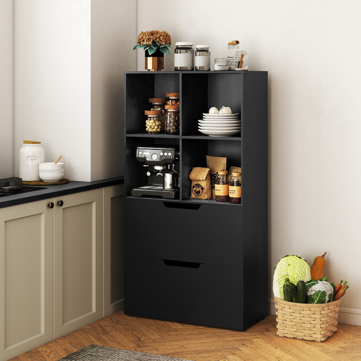 Livsk costway boekenkast met vier open planken twee grote laden en kantelbeveiliging 5