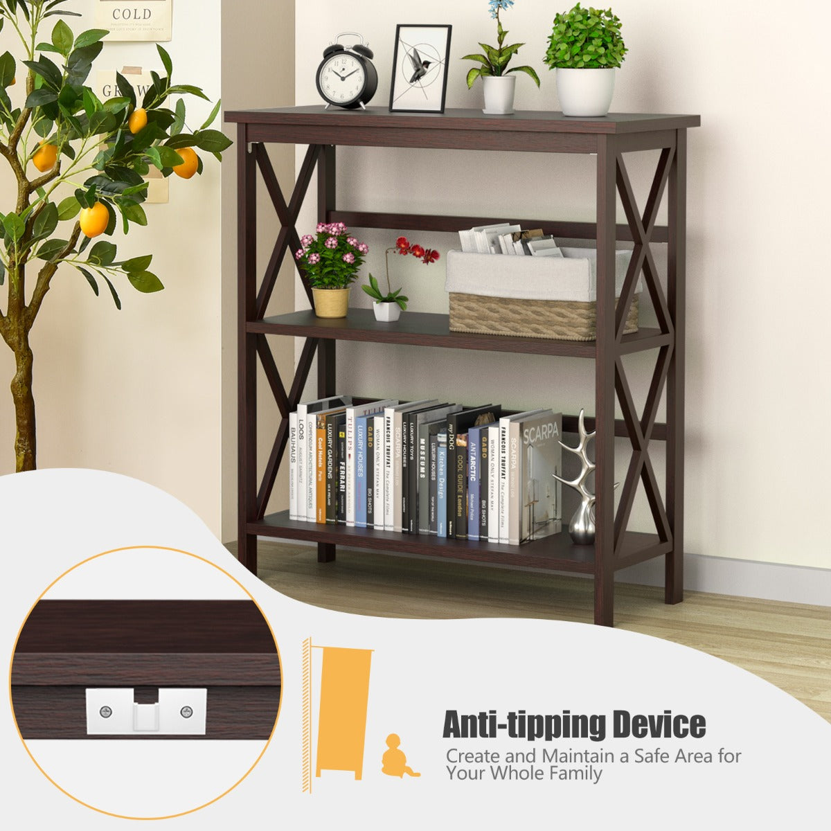 LIVSK Boekenkast 3 Niveaus - Anti-Kantelinrichting - Industrieel Design - Draagvermogen 40 kg - 79 x 32 x 86 cm - Koffie