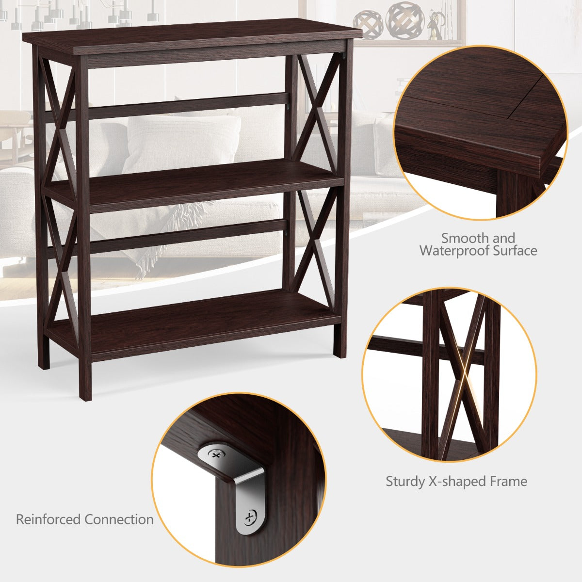 LIVSK Boekenkast 3 Niveaus - Anti-Kantelinrichting - Industrieel Design - Draagvermogen 40 kg - 79 x 32 x 86 cm - Koffie