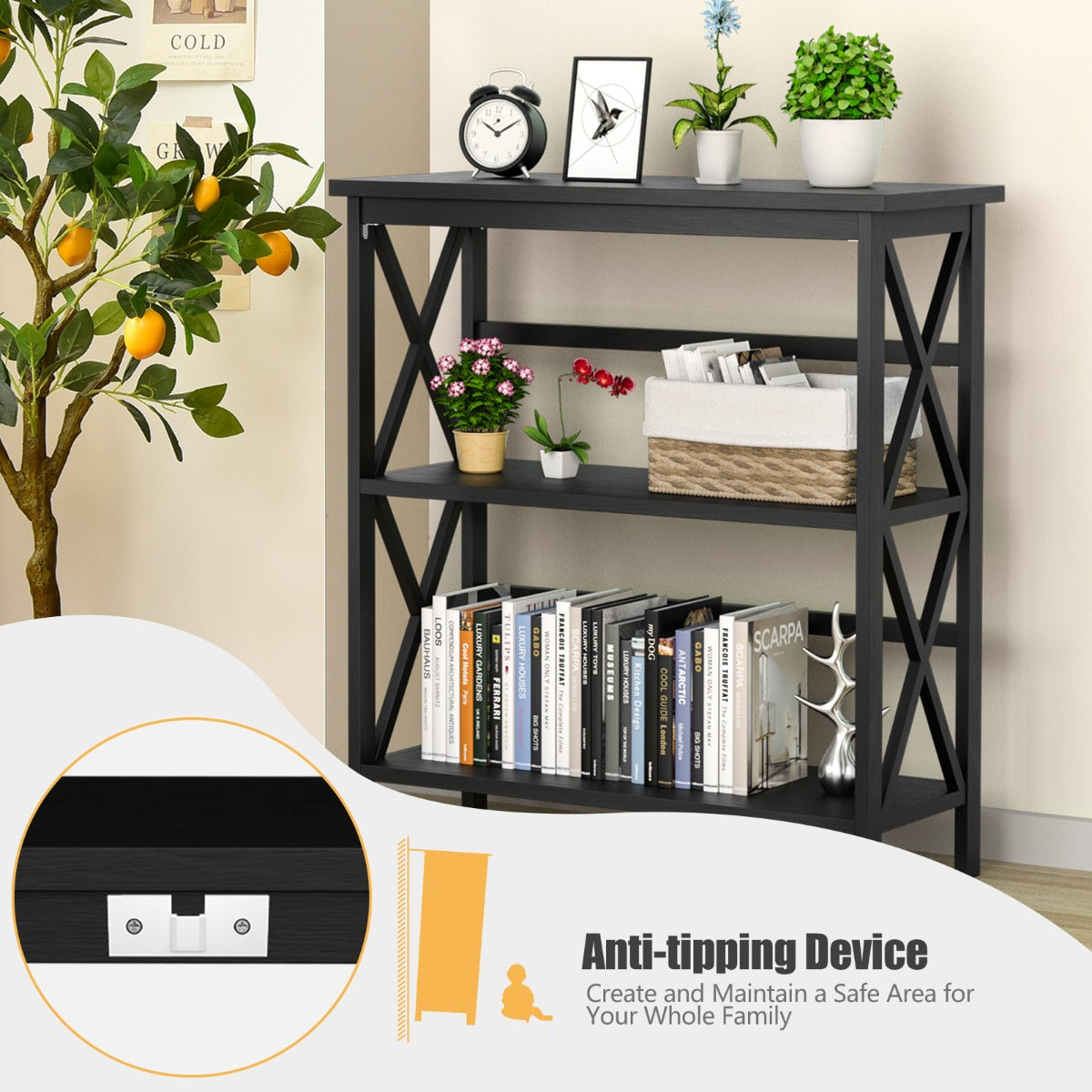 LIVSK Console Boekenkast 3 Open Planken - Anti-Kantel - Industrieel Ontwerp - Grenen en MDF - 40 kg Draagvermogen - Zwart