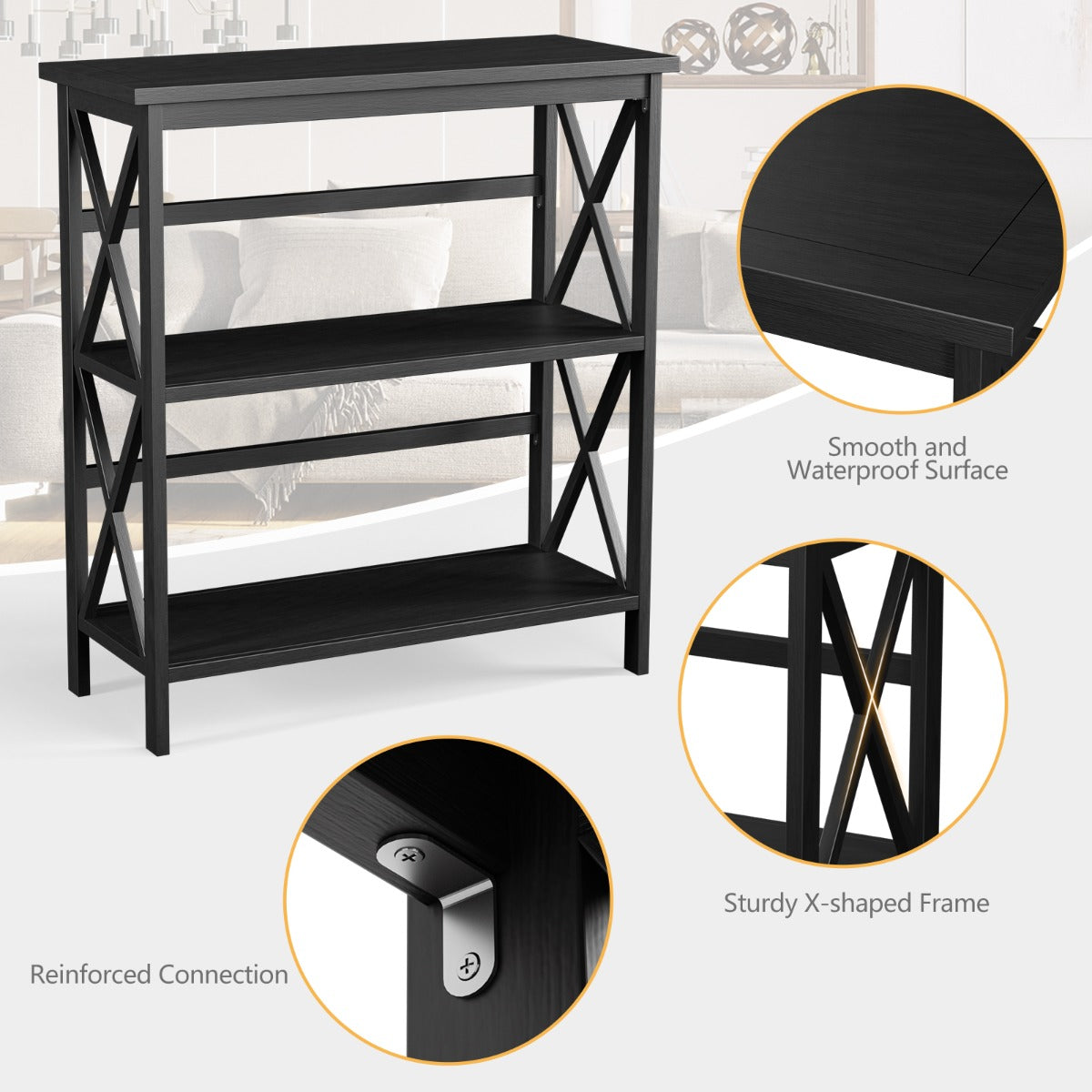 LIVSK Console Boekenkast 3 Open Planken - Anti-Kantel - Industrieel Ontwerp - Grenen en MDF - 40 kg Draagvermogen - Zwart